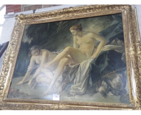 A LARGE OLEOGRAPH DEPICTING DIANA THE HUNTRESS in a moulded gilt frame