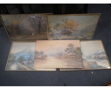 N ROKUSUKE: A pair of Oriental watercolours depicting Japanese gardens, early 20th century and other similar works by R Mori