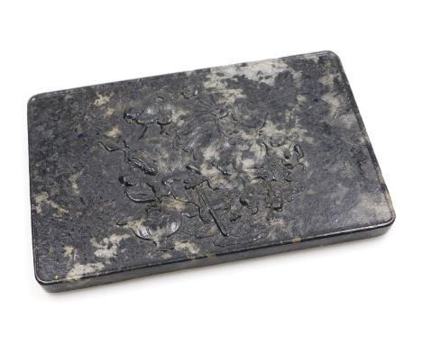 A 19thC Qing dynasty Chinese mottled black jade panel, possibly for a table screen, of rectangular section, decorated in reli