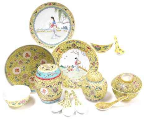 A group of Chinese yellow ground Mun Shou longevity ceramic wares, including rice bowls and spoons, jars and covers and plate