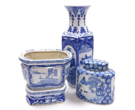 A Chinese blue and white vase, of hexagonal form, decorated with reserve landscapes, birds and flowers, a oval caddy and cove