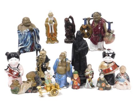 A group of Chinese figures, ceramic, hardwood and resin, including mudman figures.