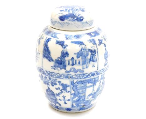 A blue and white porcelain ginger jar, and cover with six character Kangxi mark, decorated with panels of figures in interior