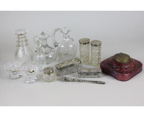 Five silver topped glass dressing table jars and a silver handled pair of tweezers, together with a pair of cut glass salts a