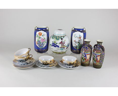 A Chinese ginger jar and cover, together with a pair of Noritake vases, a pair of Japanese vases and a part Japanese tea set