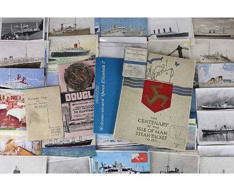 A collection of maritime ephemera including photographs, postcards, leaflets and a brass plaque 'Panama Pacific Line, Deck Sp