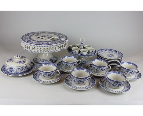 A blue and white Powell Craft Cuddra collection part tea and breakfast set comprising six cups, saucers and tea plates, an eg