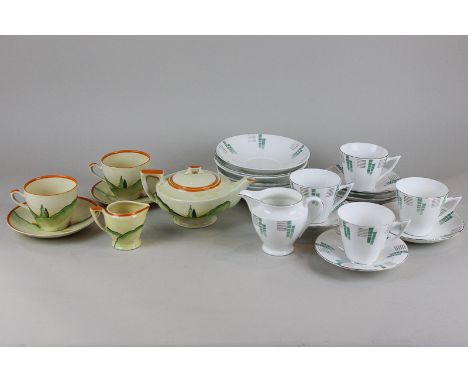 A Myott and Sone Art Deco part tea set of teapot, milk jug, two cups and saucers, together with another Art Deco part tea set