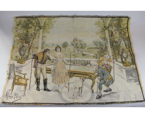 A tapestry panel signed Alonso Perez, depicting figures in 19th century dress playing billiards, 86cm by 63cm