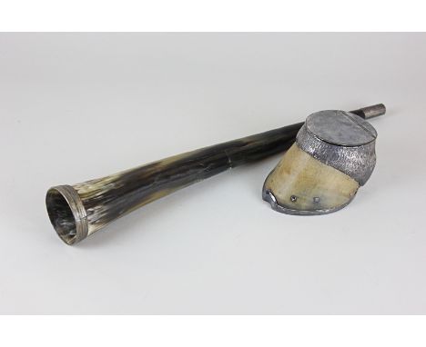 A silver plate mounted horse hoof as an inkwell, together with a silver plate mounted horn hunting horn (a/f)