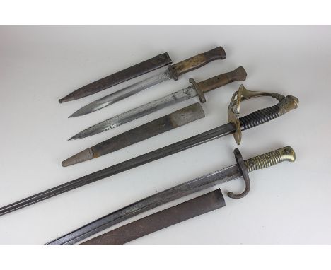 A French cavalry officer's sword with detailed brass three-bar hilt, 83cm, (no scabbard), together with three bayonets