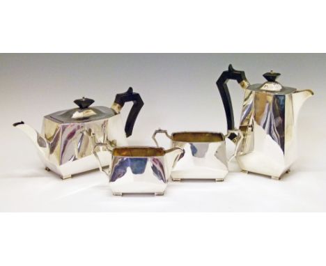 Art Deco silver four piece tea service, each piece of angled octagonal form, makers S. Blanckensee & Sons Ltd, Chester 1935/1