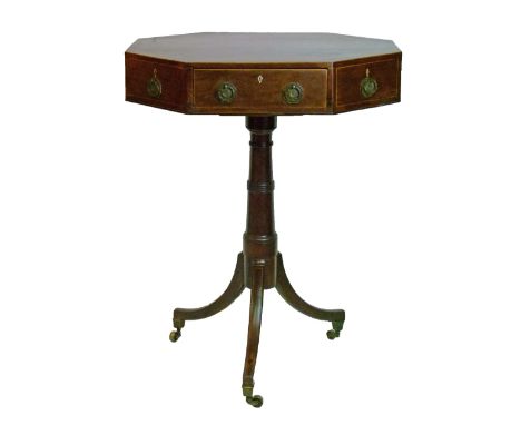 George III mahogany octagonal drum top occasional table, fitted three real and four dummy drawers, and standing on a tapered 