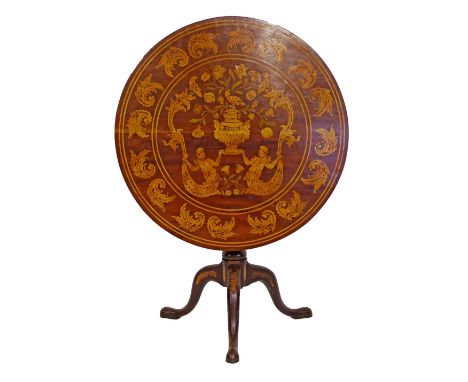 George III mahogany circular snap top supper table having later Dutch style marquetry decoration depicting birds and Triton a