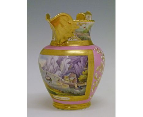 Ceramics - 19th Century English porcelain jug, circa 1825 having a painted reserve panel depicting the Avon Gorge with a stea