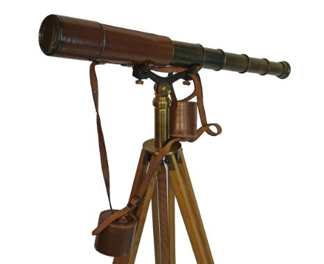 Early 20th Century brass five draw telescope by Broadhurst Clarkson & Co Ltd of London, brown stitched leather case and end c