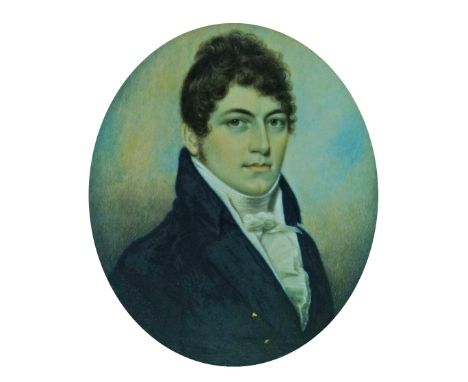 Manner of George Engleheart (1750-1829) - Oval miniature on ivory - Portrait of a young man wearing a blue jacket and high co