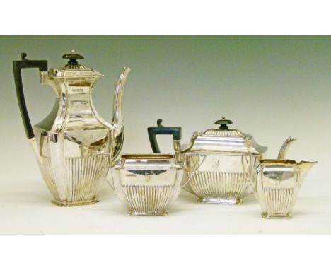 Edward VII silver four piece tea service, comprising: teapot, coffee pot, two handled sugar basin and cream jug, each piece w