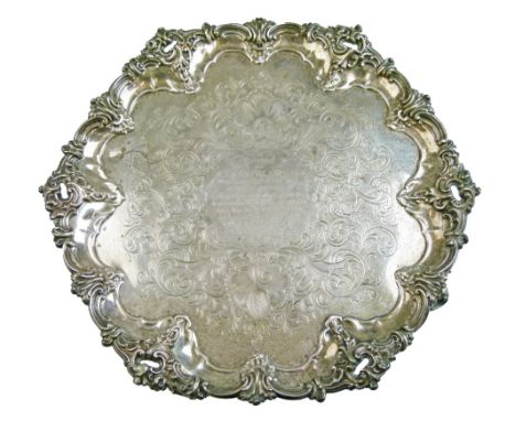 South Africa Interest - Victorian silver salver having engraved scroll decoration, pierced pie-crust rim and standing on four