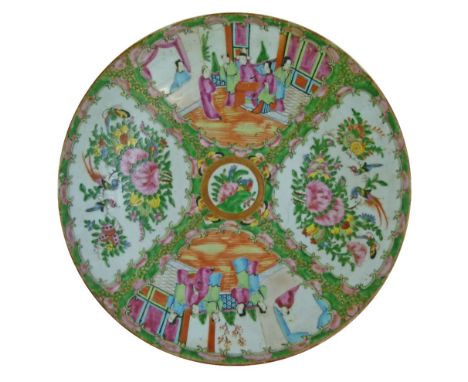 20th Century Cantonese charger, typically decorated in the Famille Rose style with figures on a terrace and birds amongst fol