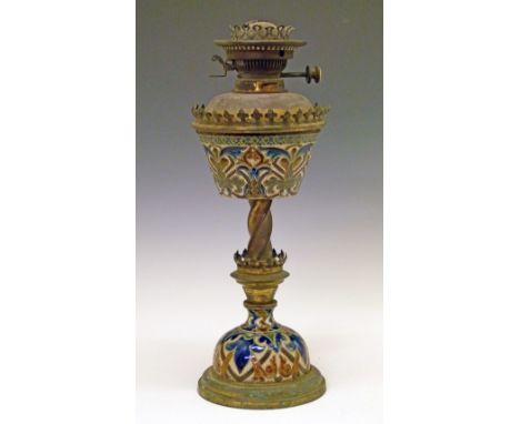 Late 19th Century Doulton Lambeth stoneware and brass oil lamp, Gothic style brass work and spiral twist column, impressed ma