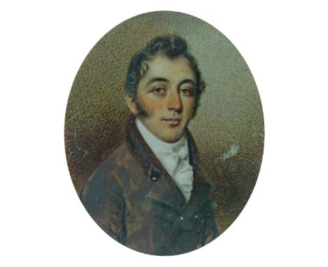 Attributed to Samuel Andrews (1767-1807) - Oval miniature on ivory - Portrait of a young man wearing a brown jacket and high 