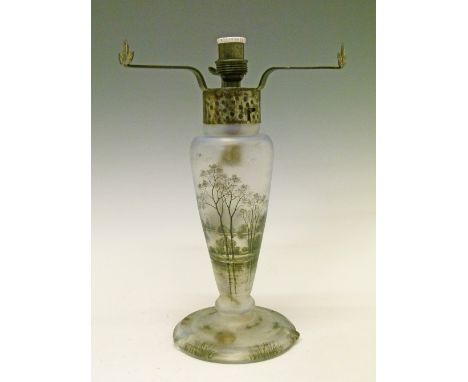 Daum glass lamp base having painted decoration depicting a lakeland landscape on an opalescent pale blue ground, base with pa