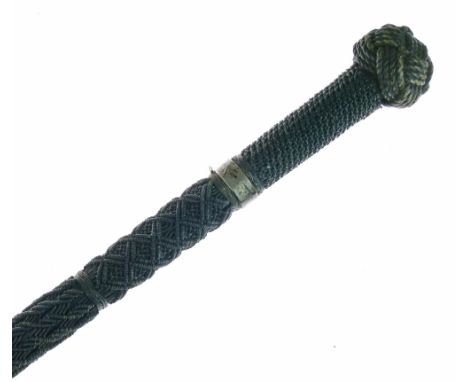 Early 20th Century walking stick having allover intricately knotted and woven string decoration, silver band hallmarked for L