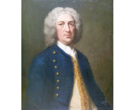18th Century English School - Oil on canvas - Half length portrait of a gentleman wearing a blue jacket, unsigned, 74cm x 62c