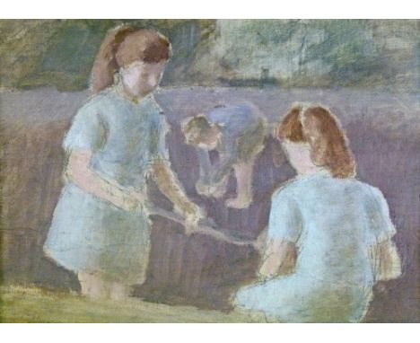 Bernard Dunston (b.1920) - Preparatory oil and pencil sketch - Three children at play, monogrammed in pencil, 23cm x 32cm A.R