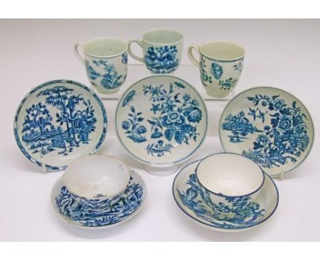 Three 18th Century Worcester blue and white transfer printed coffee cups and saucers decorated with the Three Flowers, Fence 