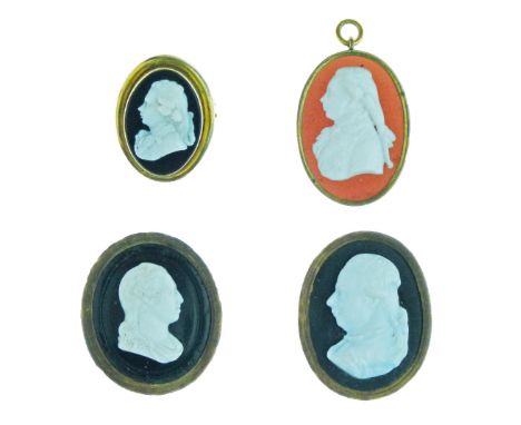 Four small Tassie type glass paste portrait medallions, one mounted as a brooch, 1.7cm - 2.75cm high  Condition: Please see e