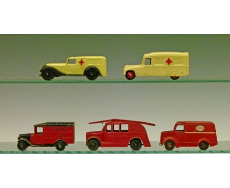 Dinky die-cast - Five various vehicles comprising: Streamline Fire Engine (25h), Ambulance (30f), Royal Mail Van (34b), Daiml