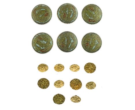 Set of six buttons, converted from Eastern gold coins; with a set of four slightly larger similar buttons; 28.8g gross; and a