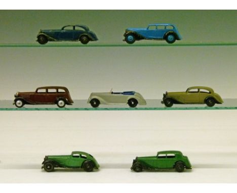 Dinky die-cast - Seven various comprising: Rolls Royce x 2, brown and blue (30b), Daimler (30c), Vauxhall (30d), Armstrong Si