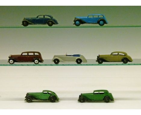 Dinky die-cast - Seven various comprising: Rolls Royce x 2, brown and blue (30b), Daimler (30c), Vauxhall (30d), Armstrong Si