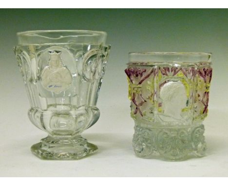 Two 19th Century French moulded glass tumblers, each containing a sulphide portrait, the first Napoleon I and marked to the t