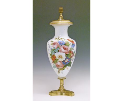 19th Century white opaque glass baluster vase, probably French, now converted to a table lamp and having painted foliate deco