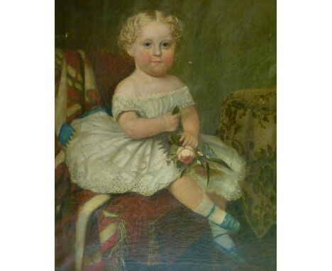 19th Century English Primitive School - Portrait of a young child wearing a lace trimmed dress, holding a posy while seated o