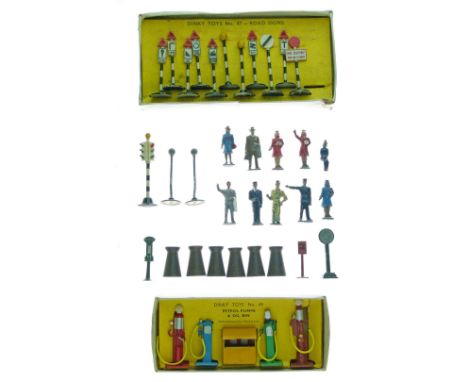 Dinky die-cast - Road Signs Gift Set (47) and Petrol Pumps & Oil Bin Gift Set (49) together with various station staff and ot