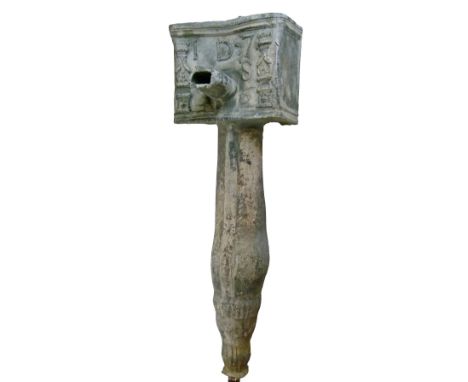 18th Century lead roadside rain water hopper, the box top bearing the initials DRS and dated 1736, 96cm high excluding below 
