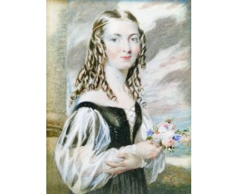 19th Century English School - Miniature on ivory - Half length portrait of a girl holding a posy of flowers, 11.75cm x 8.75cm