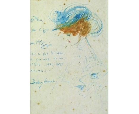 Dudley Hardy (1867-1922) - Signed letter with watercolour vignette - Portrait of a lady wearing a feathered hat, 19.5cm x 12.