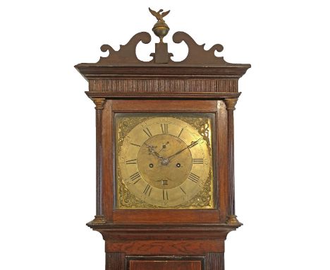 George III oak and mahogany longcase clock by George Hewett of Marlborough, hood with swan neck pediment, square glazed door 