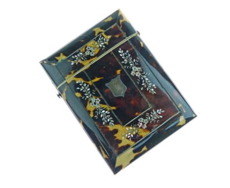 Victorian tortoiseshell visiting card case having mother-of-pearl inlaid foliate decoration, 8cm wide  Condition: There are l