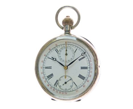 Silver cased pocket watch, with top wind chronograph movement, the white porcelain dial with red outer scale reading '15-70 M