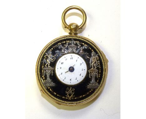 A Victorian Continental 18ct gold pocket watch, the white enamel dial with Arabic numerals surrounded by large black enamel c