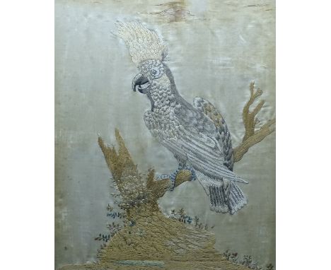 A Georgian silkwork needlepoint tapestry, depicting a parrot on branch, 32 x 26.5cm, in later oak frame