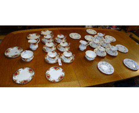 Two Royal Albert teasets, featuring Old Country Roses six place teaset and Brigadoon six place teaset (one cup missing), both