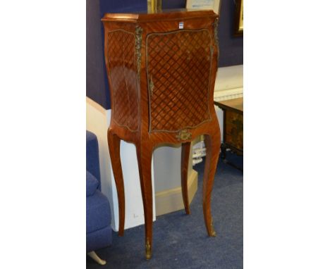 A Louis XVI style French vitrine cabinet, with parquetry effect decoration, decorated with gilt metal appliques and sabots, w